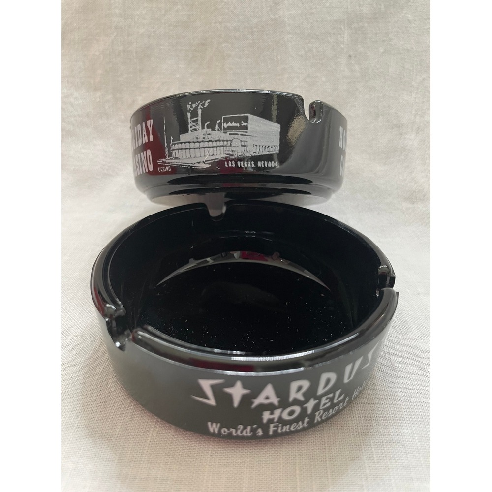 Vintage Las Vegas Ashtray Set Stardust Hotel Holiday Casino Black Glass o#531